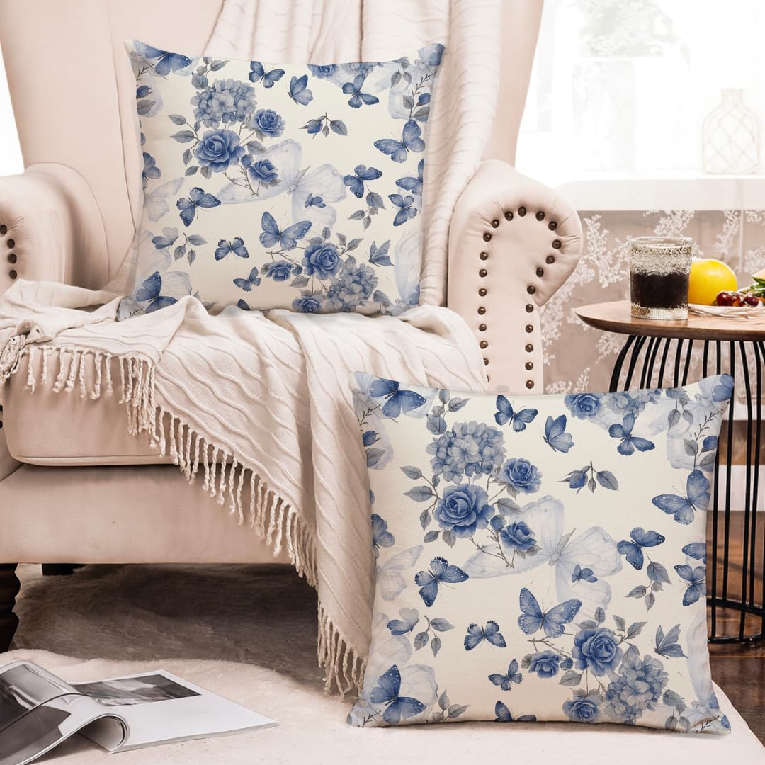 Decorative Butterfly Print Soft 180 GSM Cushion Covers 16x16 Inch Set of 2 | Sofa Bed Chair Home Decor Gift, Hand Block Printed