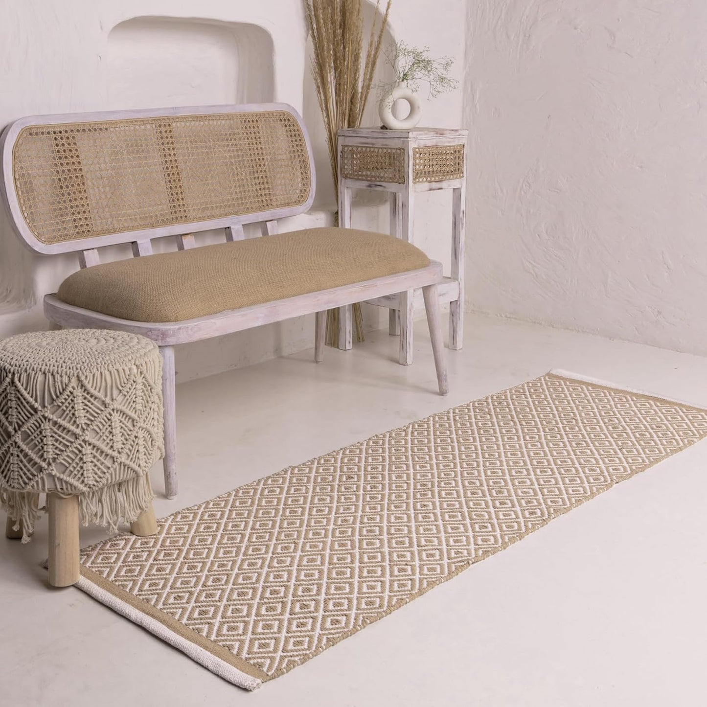 Hand Woven Natural Cotton Diamond Rug Runner 2x5 ft | Easy Care Bedroom Living Room Carpet