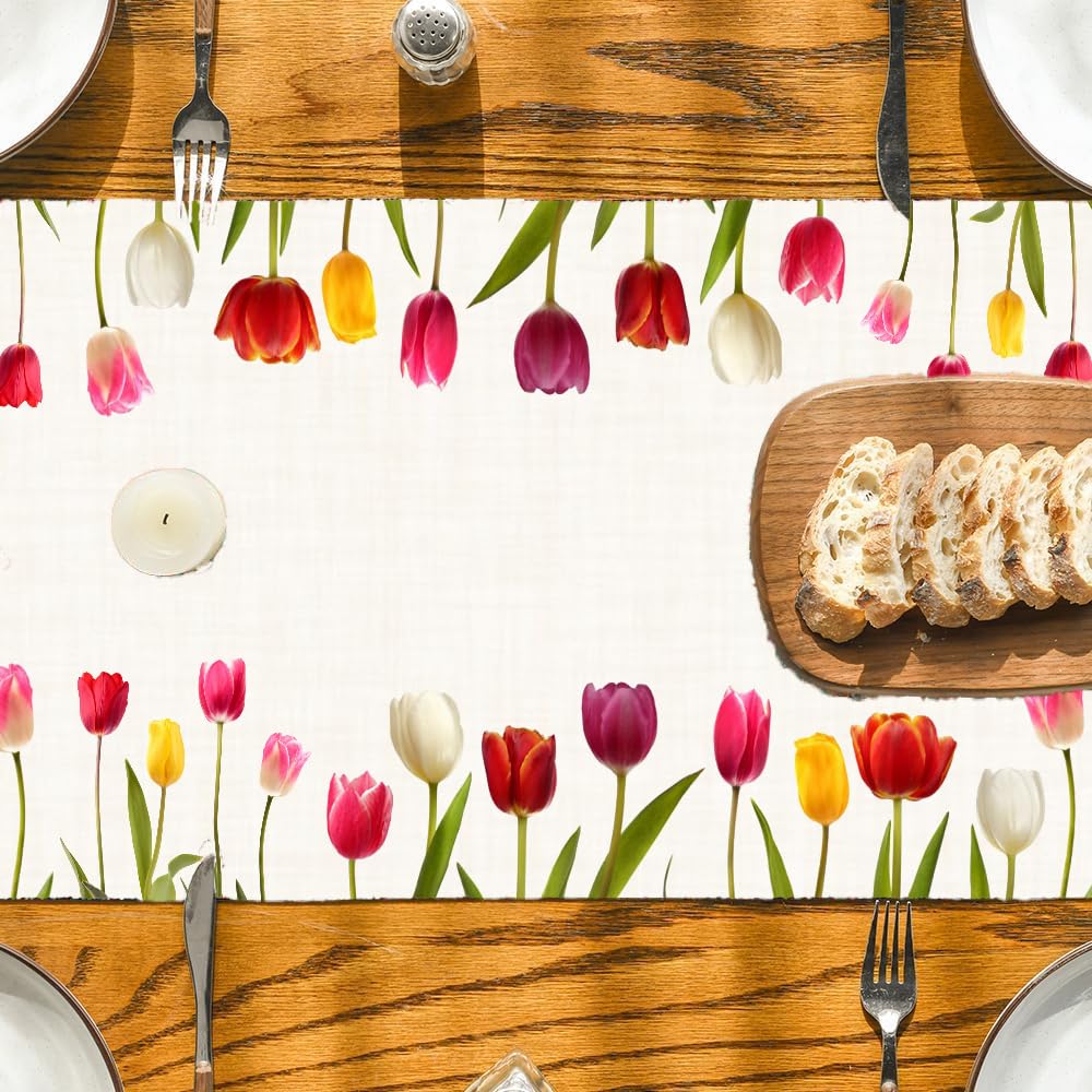 Premium Elegant Blooming Tulip Table Runner – Soft European Fabric, Machine Washable (13x72 Inch) | Dining Table Decor, Kitchen Linen