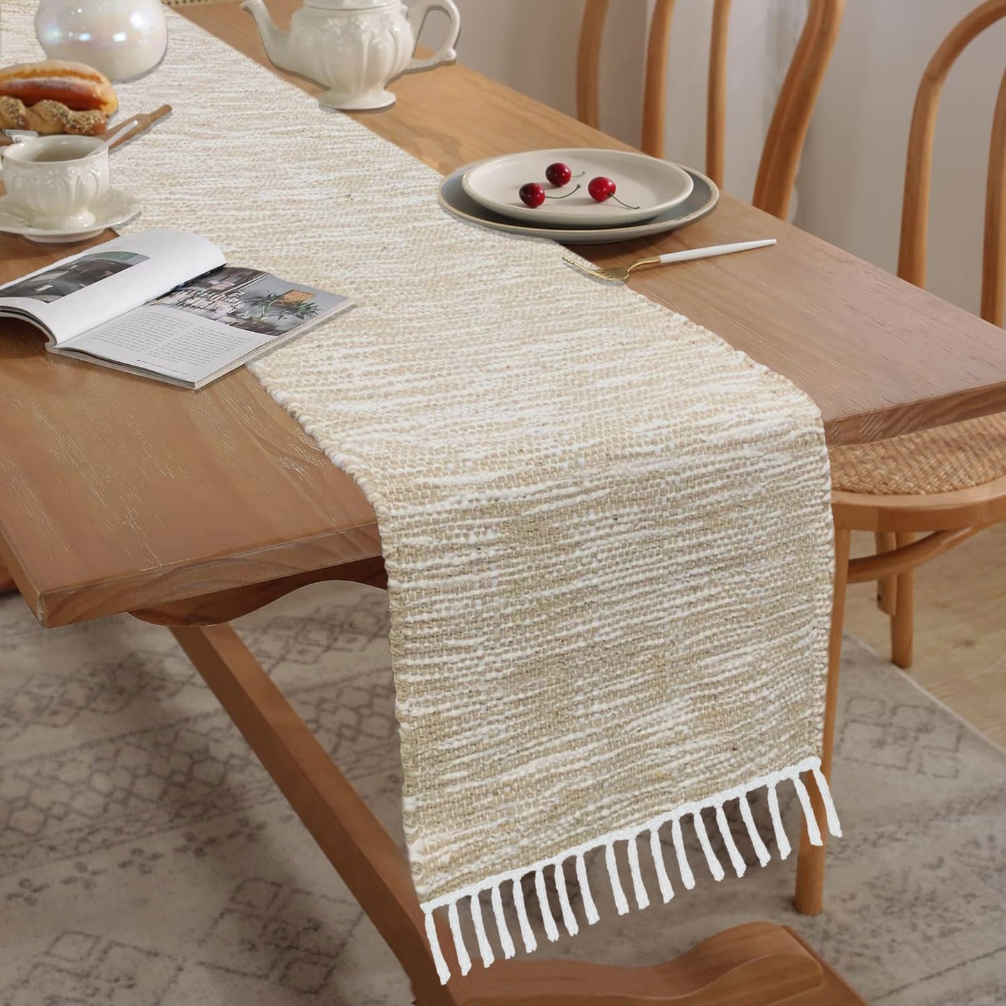 Elegant Woven Beige White Table Runner with Tassels 13x74 Inch | Cotton Jute Blend Dining Home Decor