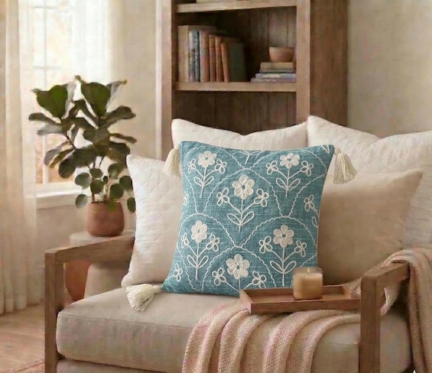 Boho Embroidered Cushion Cover – Decorative Pillow Case – Slub Cotton, Tasseled – 16x16 Inch (40x40 cm)