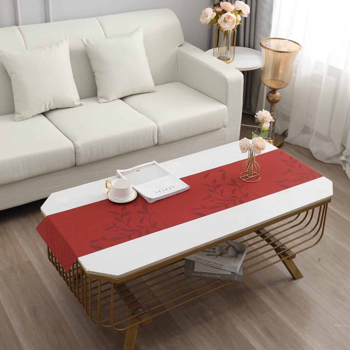 Red Floral Design Polyester Table Runner, 30x135 cm (1 Pc) | Easy Clean Dining & Coffee Table Decor