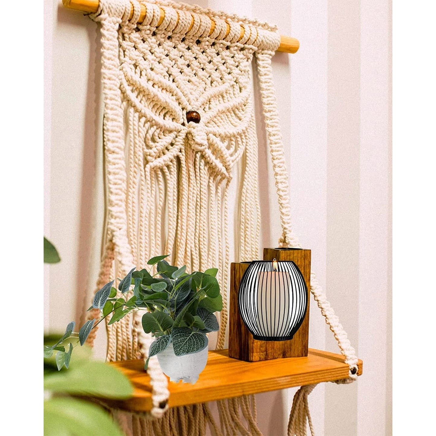 Handcrafted Macrame Accent Wall Shelf – Cotton Rope & Wood – 12x5x32CM