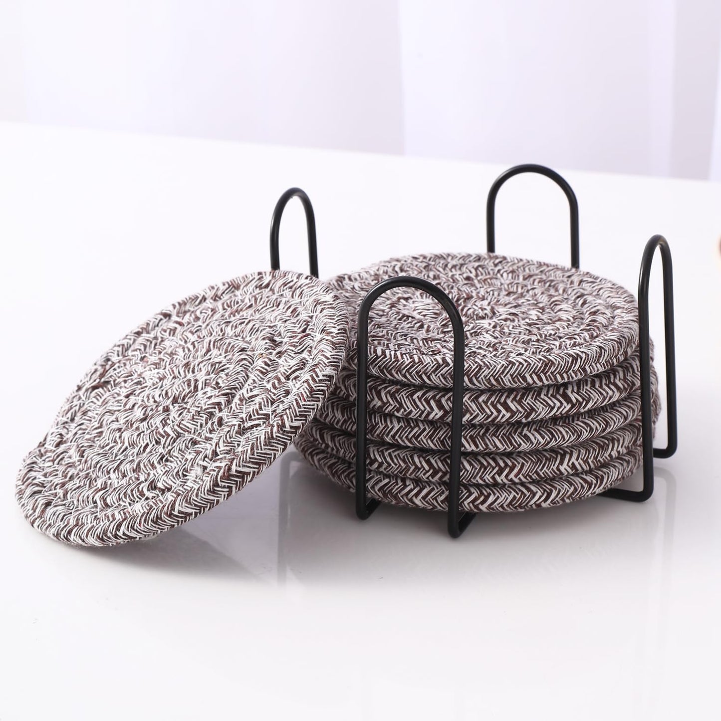 Minimalist Woven Absorbent Cotton Drink Coasters with Holder Set of 6, 4-inch | Home Décor, Tabletop, Bar, Kitchen, Gifts