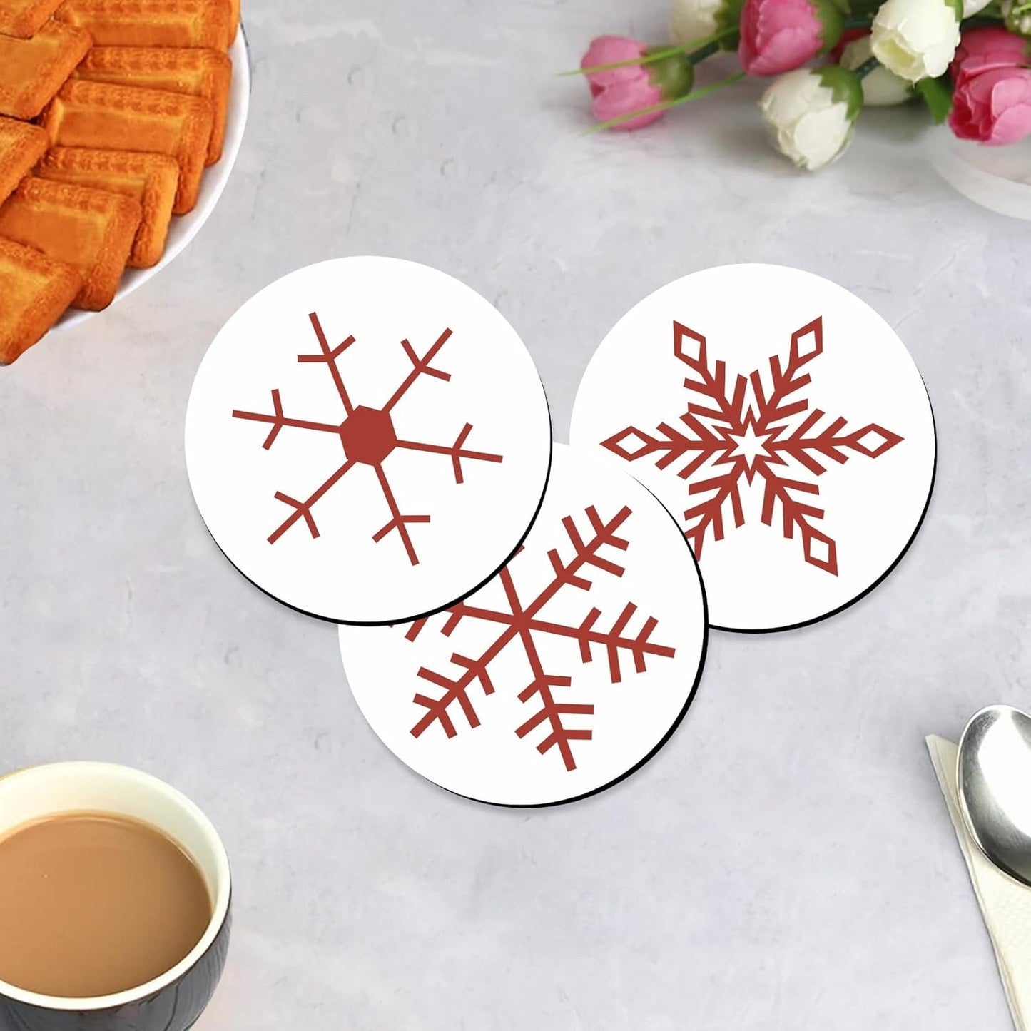 Elegant Boho Wooden Tea Coasters Set of 6 with Stand | Diwali Gifting Home Kitchen Decor Made in India