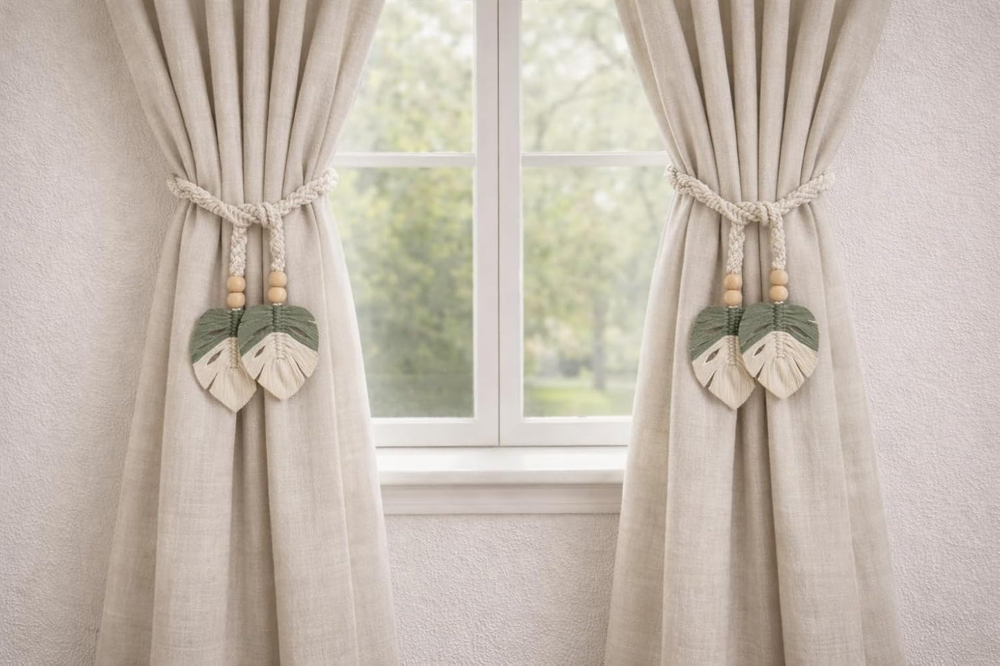 Decorative Curtain Holdbacks – Macramé Tie-Back Set – Cotton Rope Leaf Design – 2-Pack (4x45")