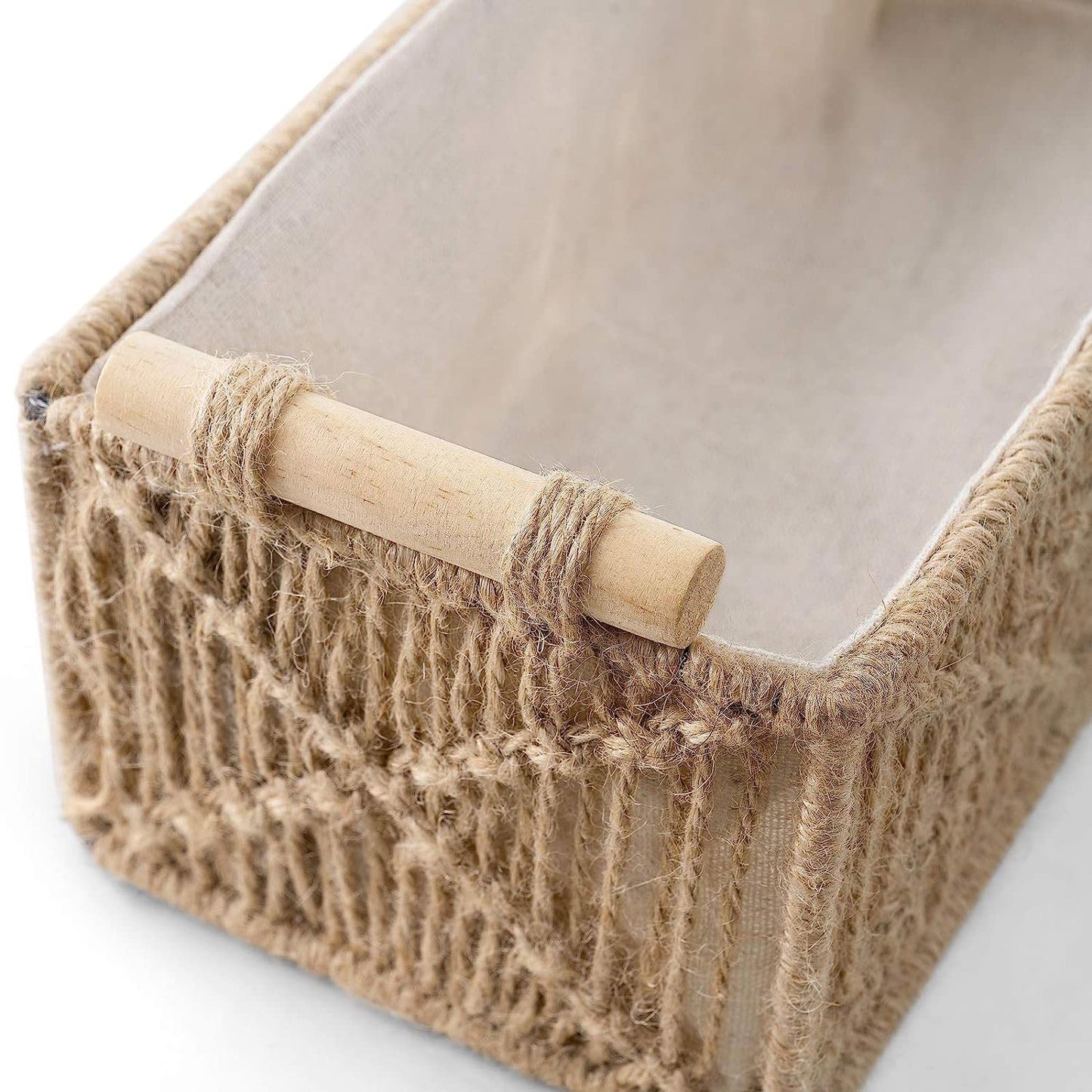 Handwoven Macrame Storage Baskets – Lined Woven Wooden Handle - 2pc