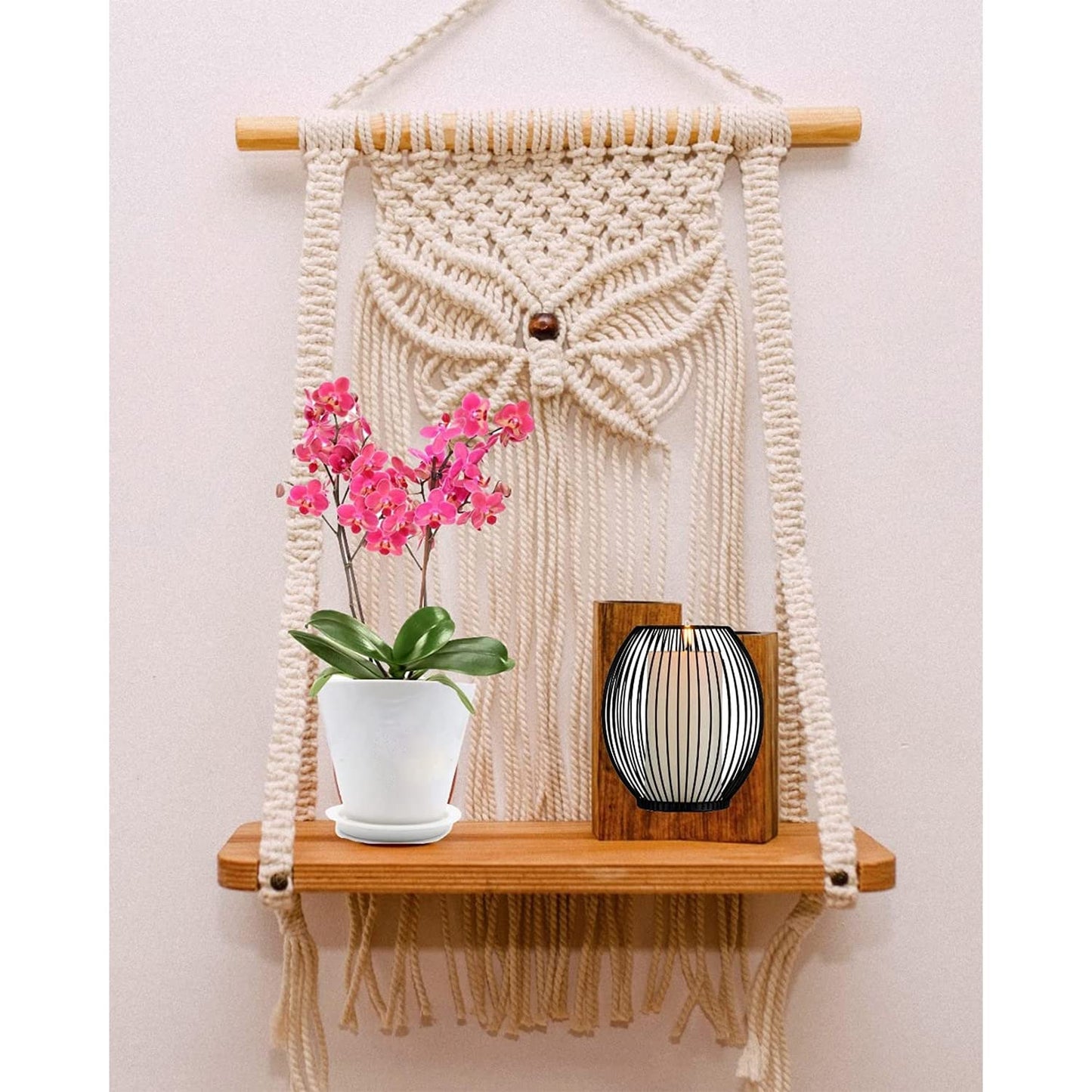 Handcrafted Macrame Accent Wall Shelf – Cotton Rope & Wood – 12x5x32CM