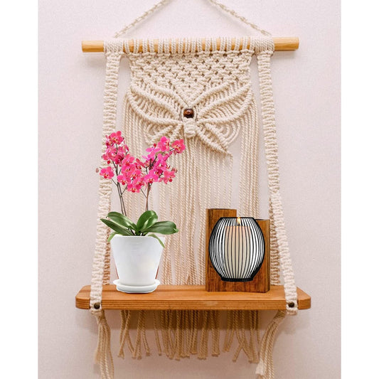 Handcrafted Macrame Accent Wall Shelf – Cotton Rope & Wood – 12x5x32CM