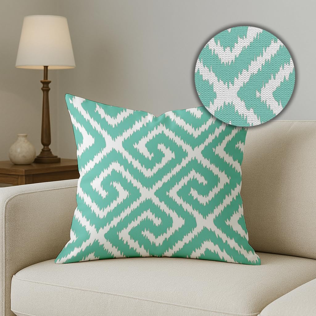 Elegant Teal White Ikat Geometric Polycotton Cushion Covers Set of 5 (16x16) | Sofa Throw Pillow Covers Living Room Decor