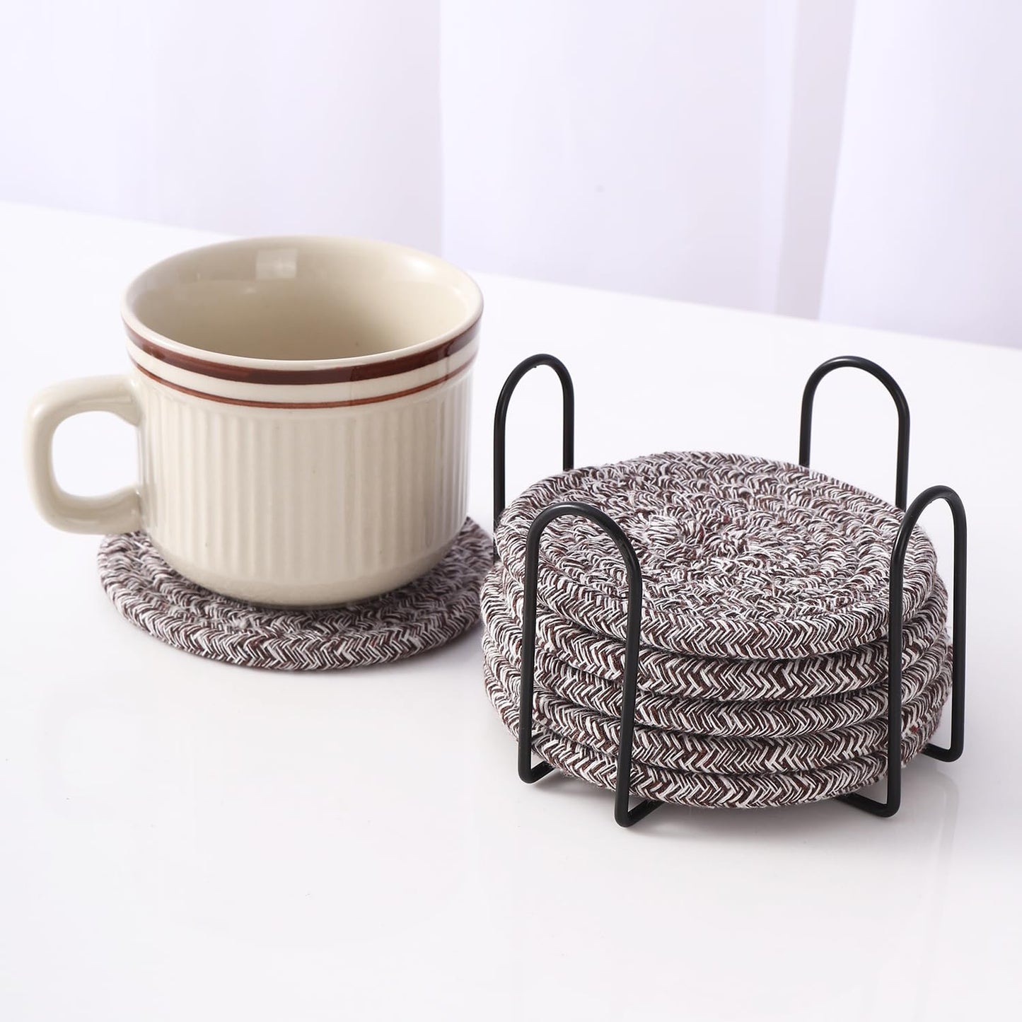Minimalist Woven Absorbent Cotton Drink Coasters with Holder Set of 6, 4-inch | Home Décor, Tabletop, Bar, Kitchen, Gifts