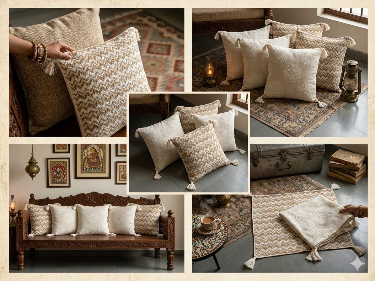 Patterned Cushion Covers – Natural Cotton, Textured Embroidery - Set of 2