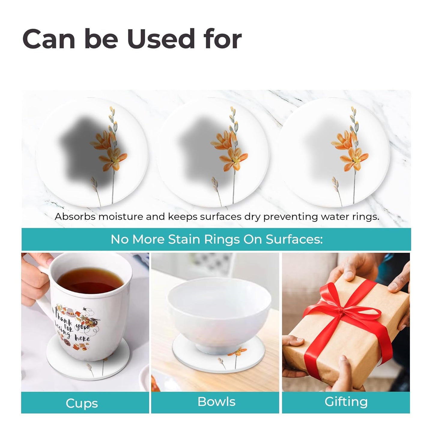 Floral White Water-Resistant Coaster Set 6-Pack (10cm Dia) | Dining Table Accessories, Home Decor, Gifts for Women