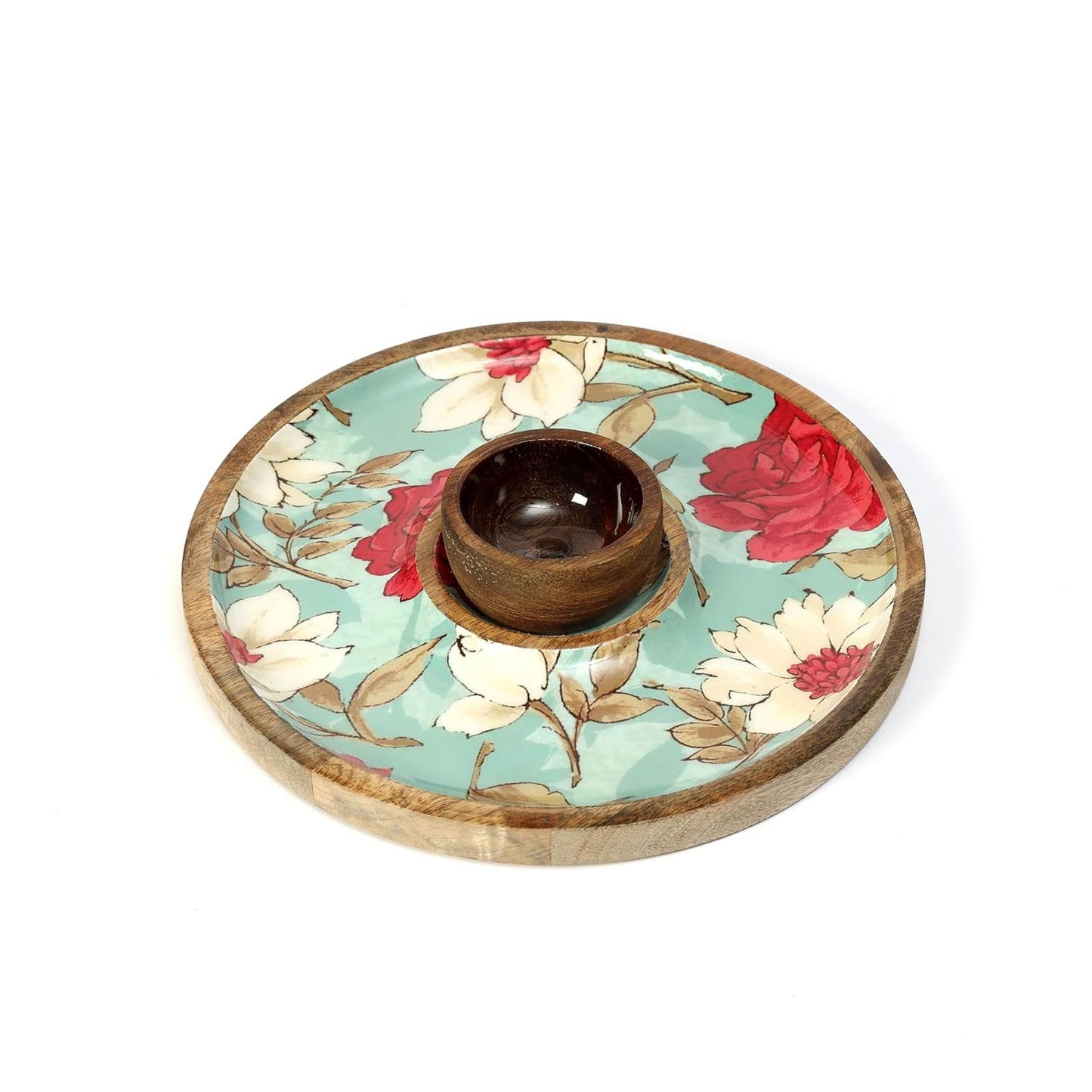 Mango Wood Serving Platter & Dip Bowl – Lacquer Coated Tableware for Retail Display – 10 Inch Round – Bird & Floral Design