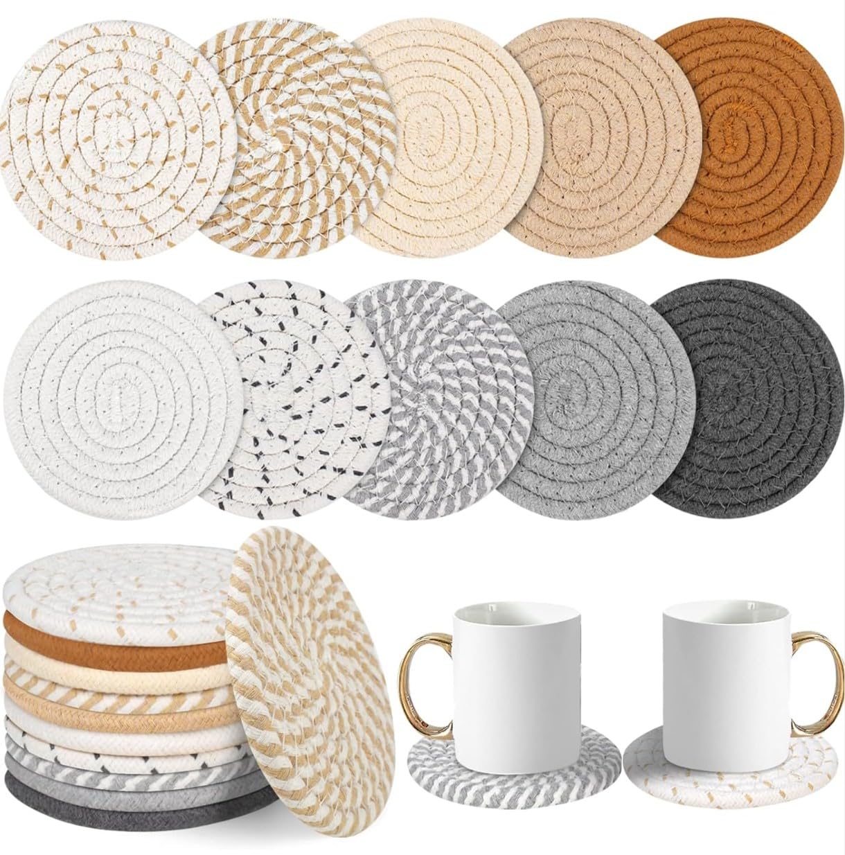 Jute Elegance Coaster Set for Dining Table, Office | Decorative Cup Coasters, Housewarming Gift, Set of 6