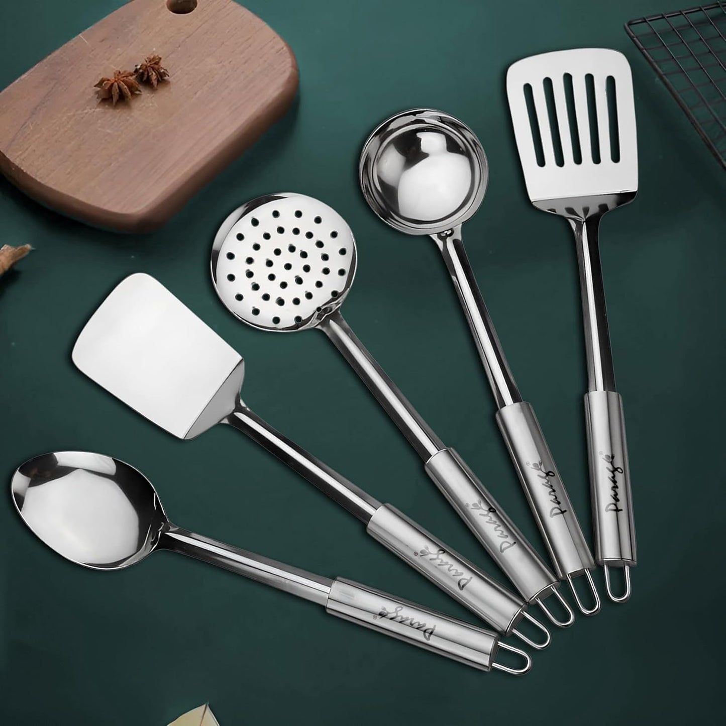 Ensemble d'ustensiles de cuisine avec manche tubulaire en acier inoxydable – 5 pièces – Design ergonomique, 35 cm