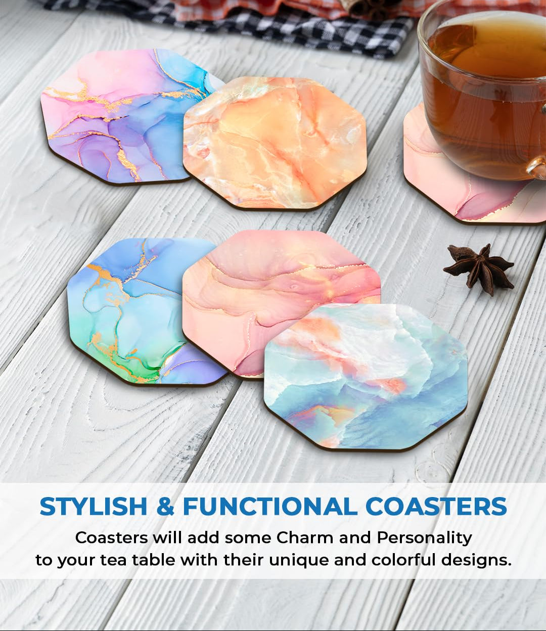 Premium Designer Printed Wooden Coasters for Tea Cups, Coffee Mugs & Glasses (3.5x3.5 Inch, Set of 5) | Home Decor & Gifts