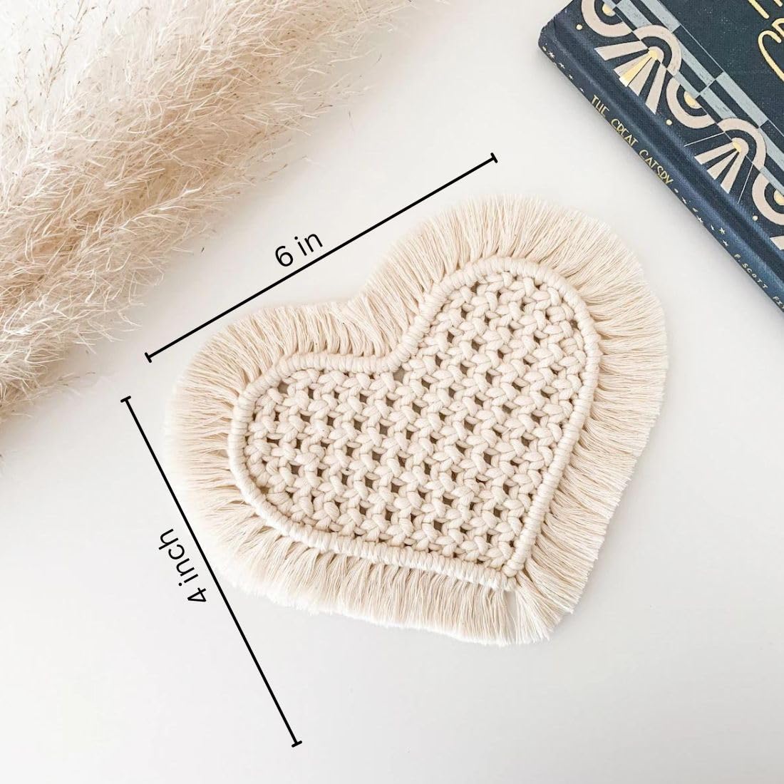 Heart Shaped Handwoven Macrame Coasters – Natural Cotton Bohemian Style - 2pc