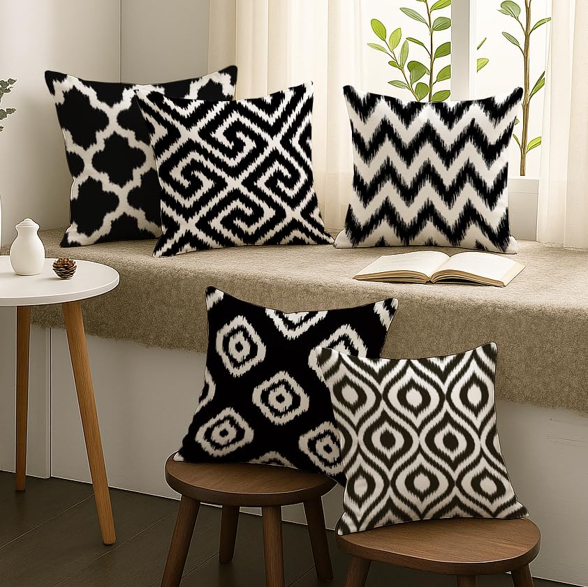 Elegant Black & White Ikat Geometric Polycotton Cushion Covers Set of 5 (16x16") | Sofa Pillow Covers, Decorative Throw Pillow Cases