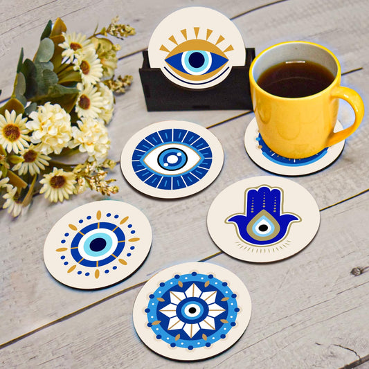 Evil Eye Elegant Wooden Tea Coasters Set of 6 with Stand | Indian Home Decor, Kitchen Accessories, Gifting