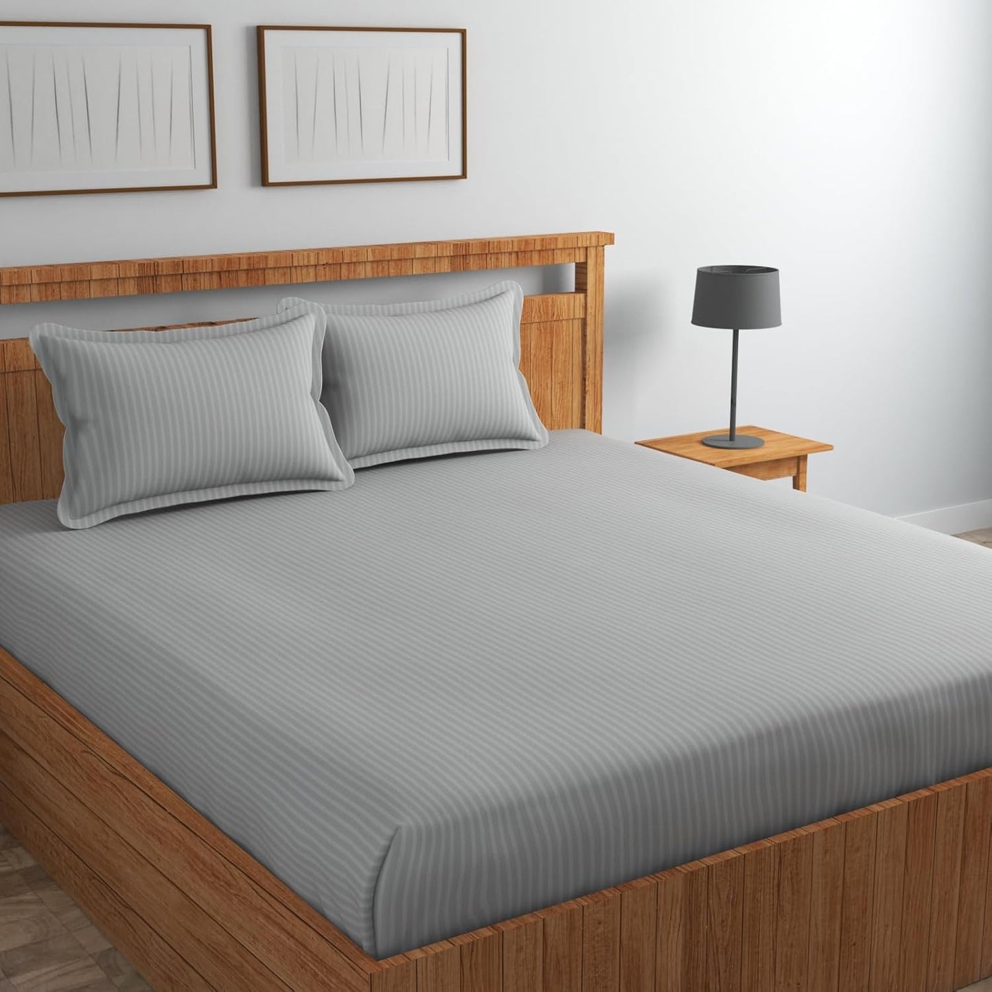 King Size Bedsheet Set - 220 TC Glace Cotton Satin Stripes - Double Bed, 3-Piece Pack