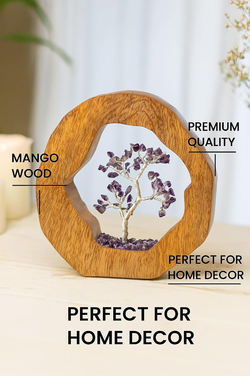 Spiritual Amethyst Crystal Tree in Wooden Ring for Chakra Healing & Feng Shui | Gemstone Bonsai Showpiece 17cm