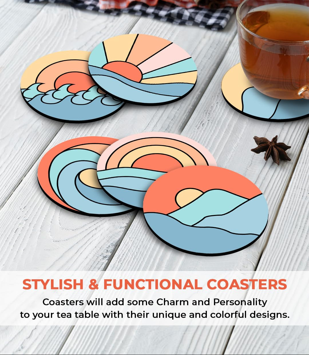 Premium Designer Printed Wooden Coasters Set of 6 (3.5x3.5 Inch) for Tea Coffee Mugs Glasses | Home Office Decor & Table Protection