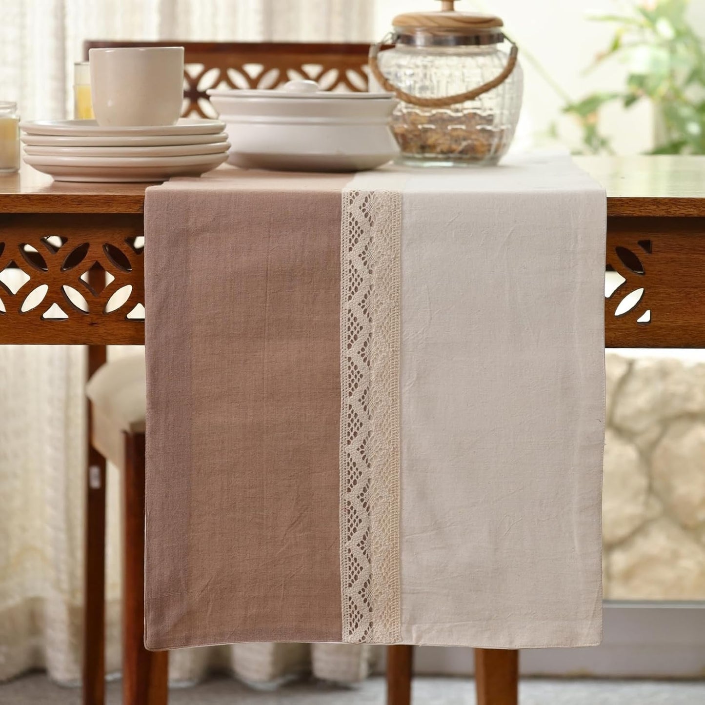 Handcrafted Cotton Table Runner – Dining Linen – Taupe & Off-White – 14x60 Single