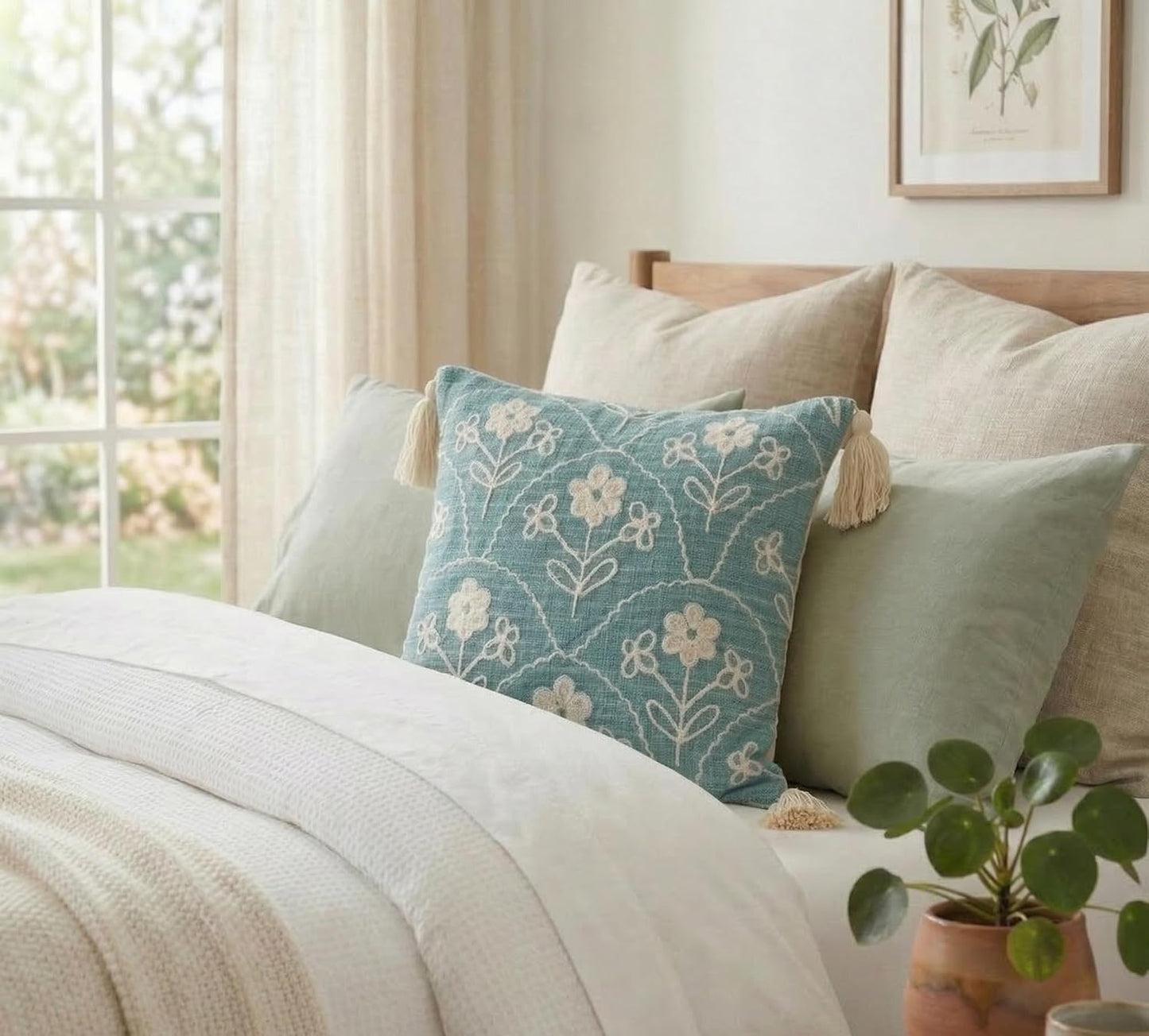 Boho Embroidered Cushion Cover – Decorative Pillow Case – Slub Cotton, Tasseled – 16x16 Inch (40x40 cm)