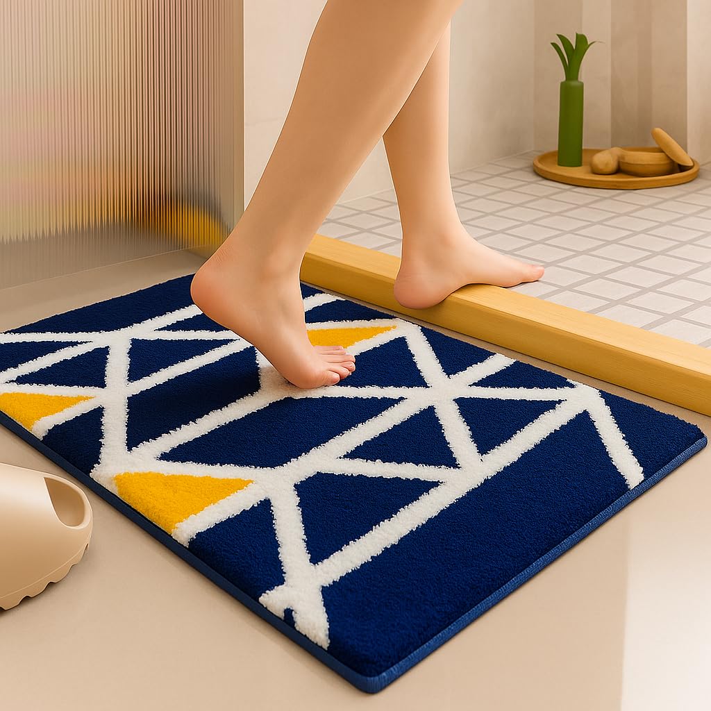 Mosaic Blue Super Soft 2000 GSM Microfibre Bath Mat (40x60 cm) Pack of 1 | Absorbent Anti-Skid Door Floor Mat for Home Bathroom Kitchen