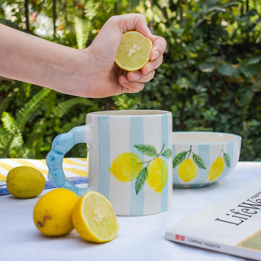 Blue Striped Lemon Mug – Artisan Ceramic Coffee Mug – Sustainable Clay – 250 ML