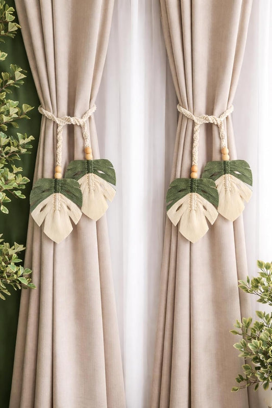 Decorative Curtain Holdbacks – Macramé Tie-Back Set – Cotton Rope Leaf Design – 2-Pack (4x45")