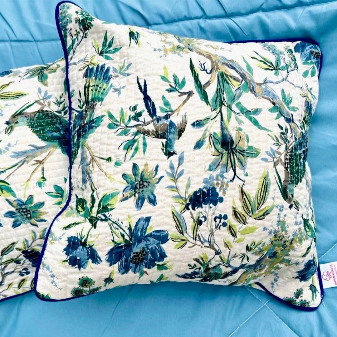 Hand Block Printed Pure Cotton Cushion Covers 16x16 Inch - Set of 2 | Decorative Soft Floral for Sofa, Bed, Home Decor