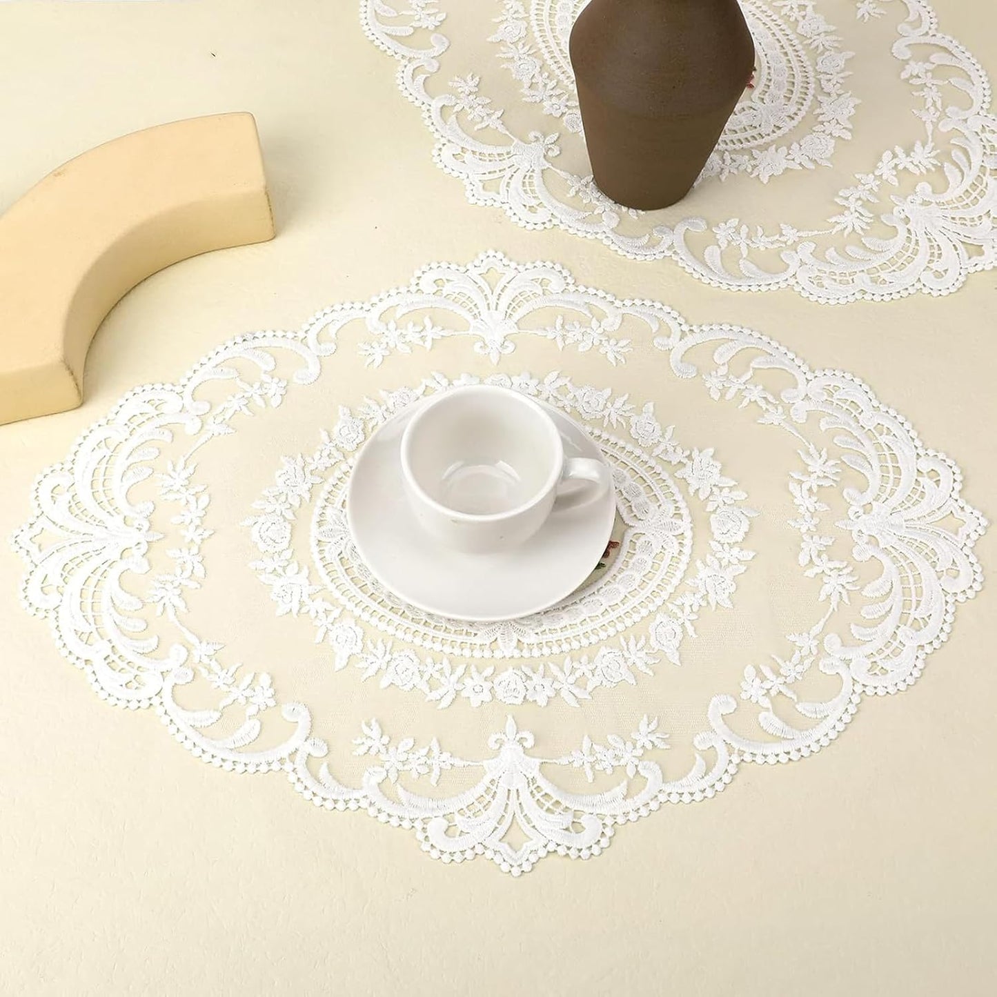 2 Pcs Vintage Lace Round Crochet Table Mats for Dining & Study Table | Handmade Embroidered Table Cover Cloth White