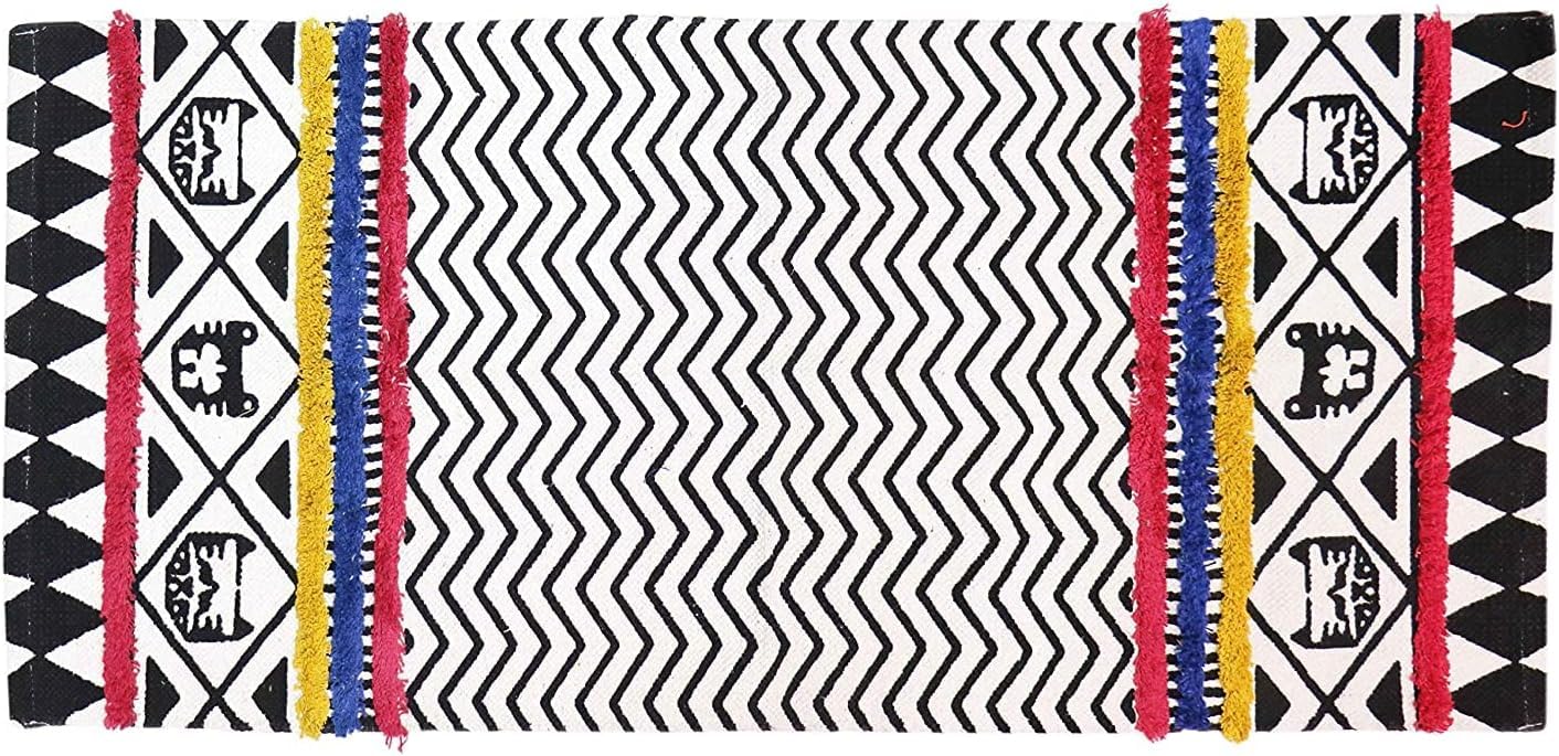 Hand Woven Natural Cotton Designer Rug, Carpet, Bedside Runner 2x5 ft (Maroon & Black) | Washable Floor Mat for Bedroom, Living Room