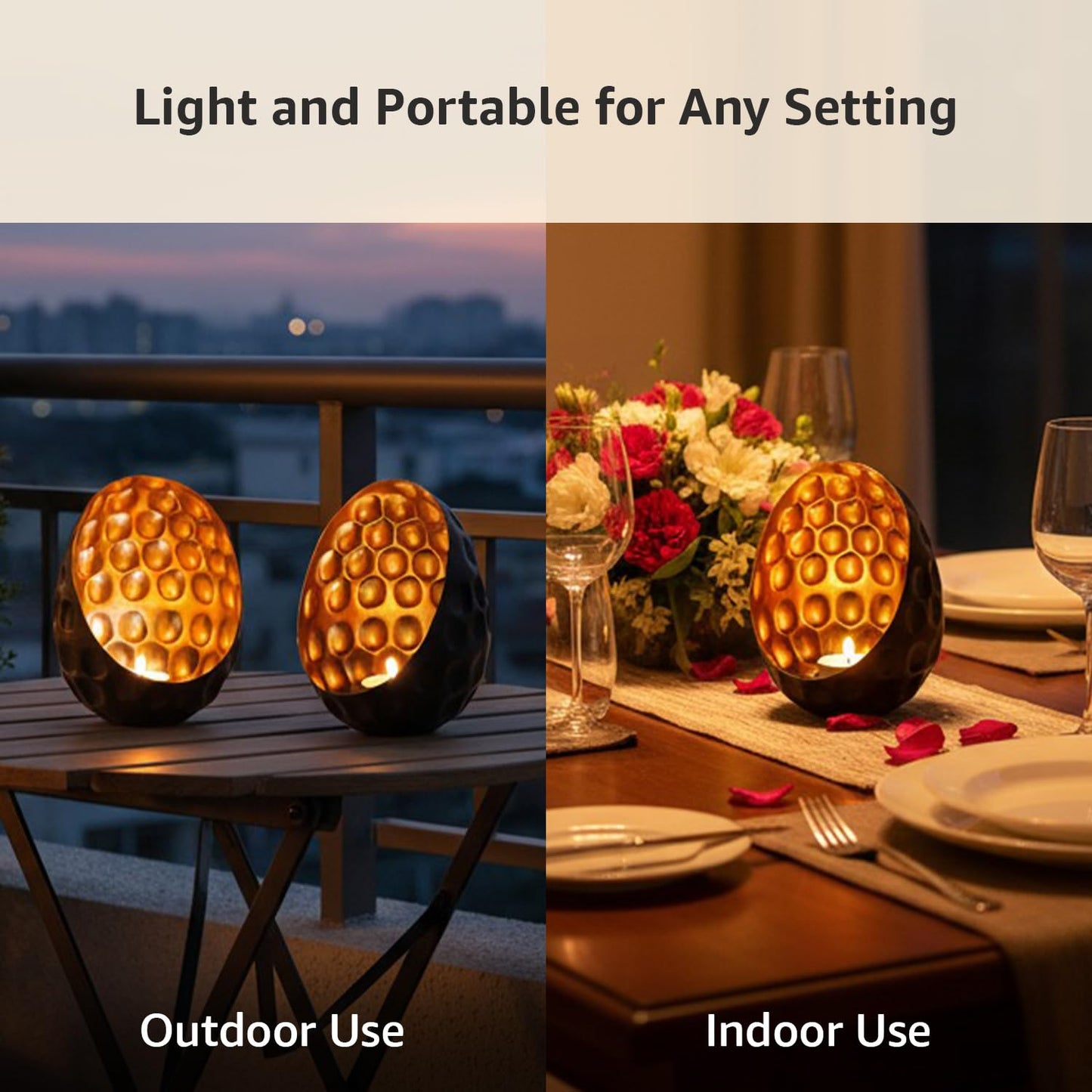 Elegant Oval Diamond Black Iron Gold Handcrafted Tea Light Votive Holders Set of 2 | Candle Holder, Home Decor, Diwali, Christmas