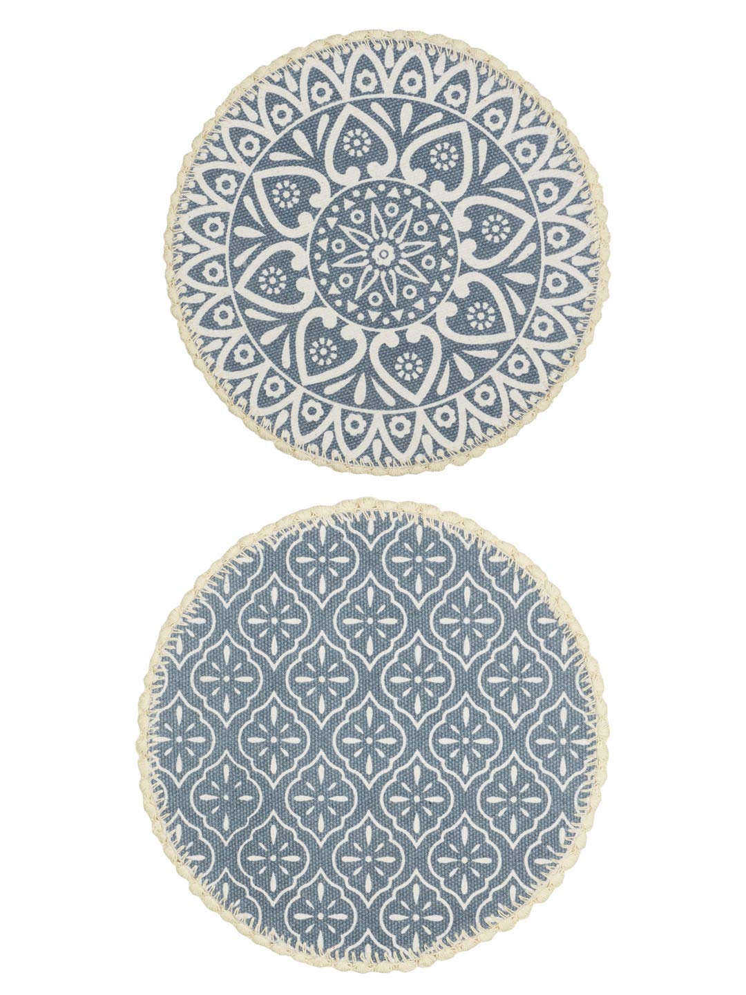 Jute Cotton Crochet Printed Round Antiskid Table Mats Placemats, Set of 4 (38x38cm) | Dining, Bedside, Coffee Table Decor