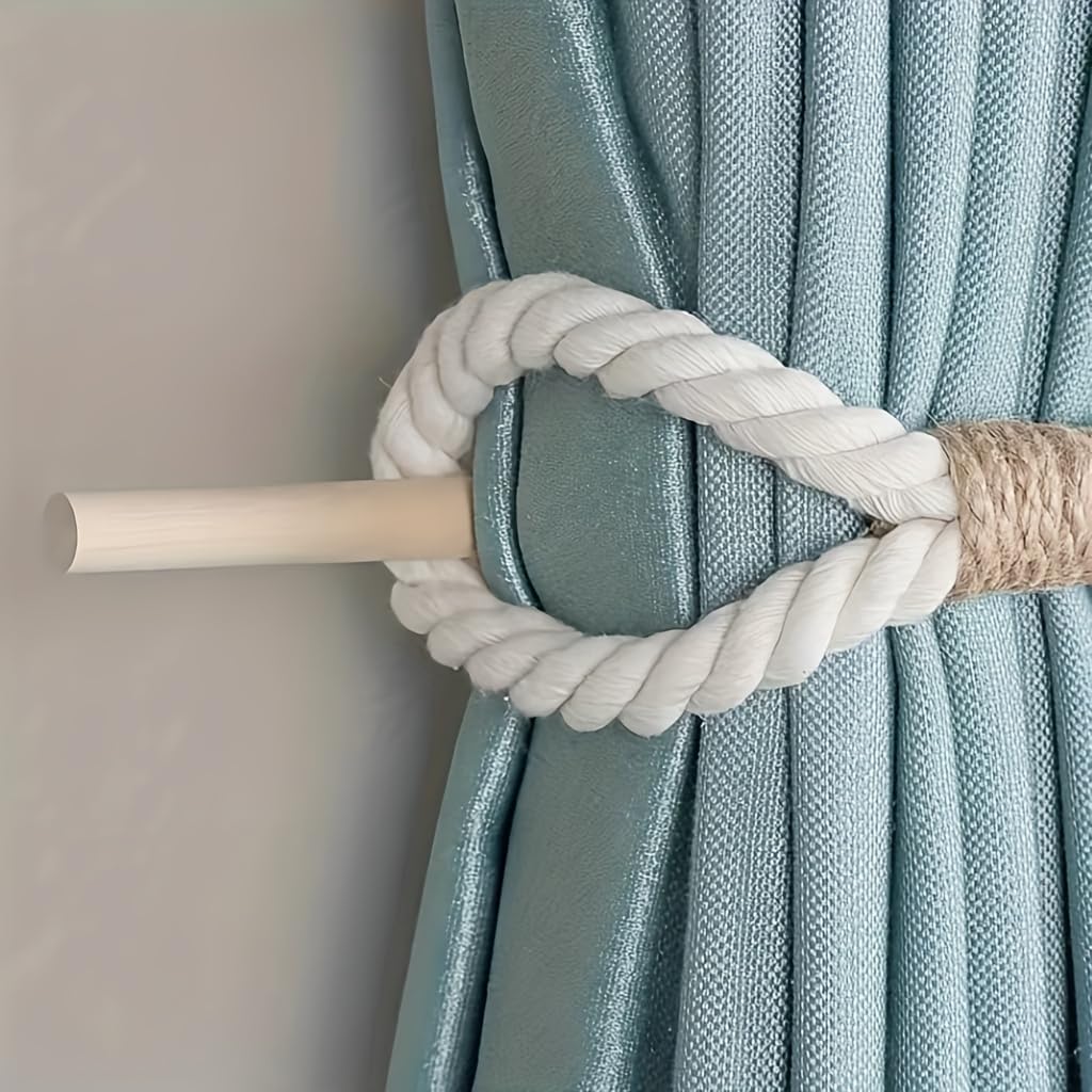 Curtain Holdbacks – Tie-Top Design – Solid Wood, Off-White – Pair (2pc)