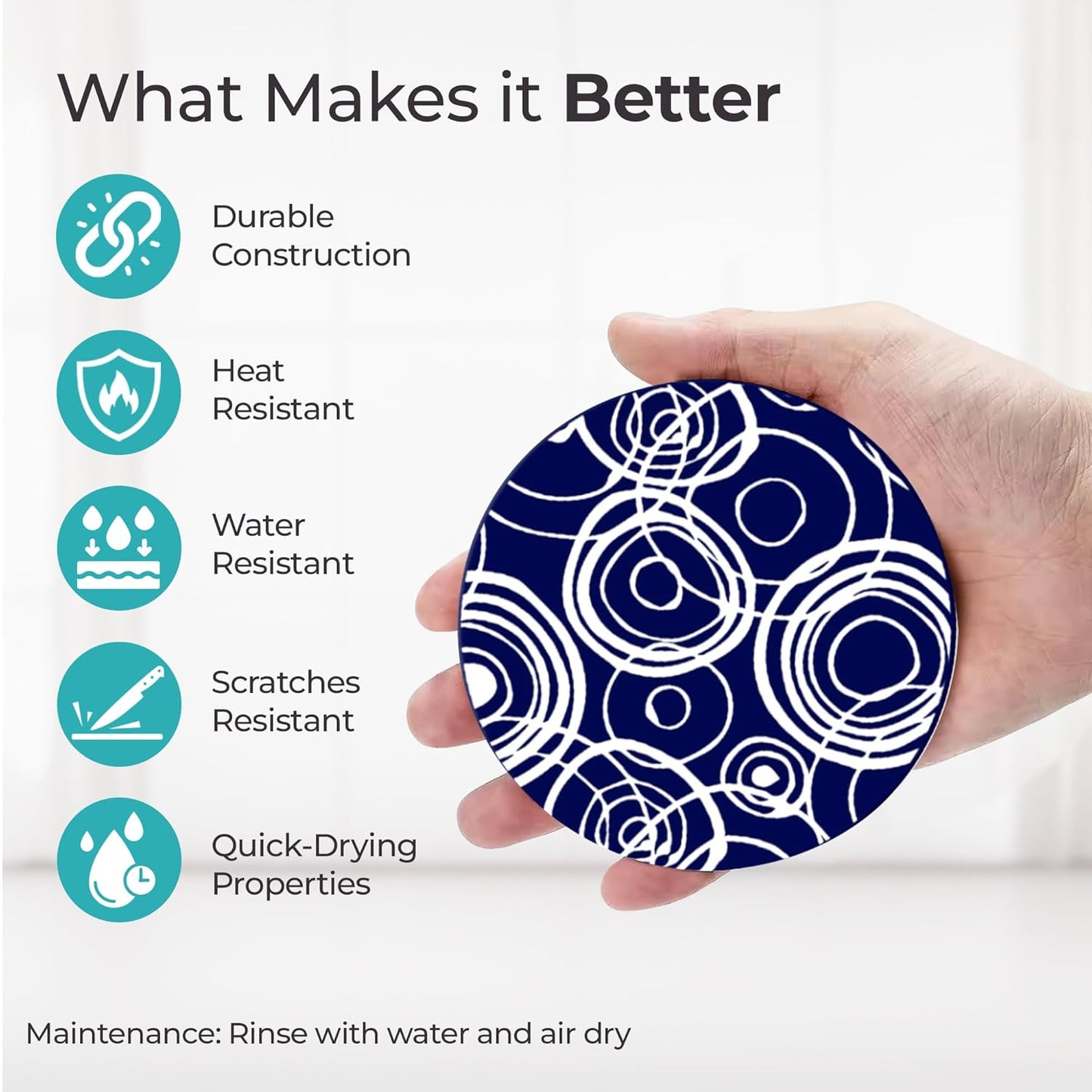 Navy White Silicone Coaster Set of 6 (10cm) with Holder | Dining Table Decor, Coffee Mugs, Glasses, Gifts for Women