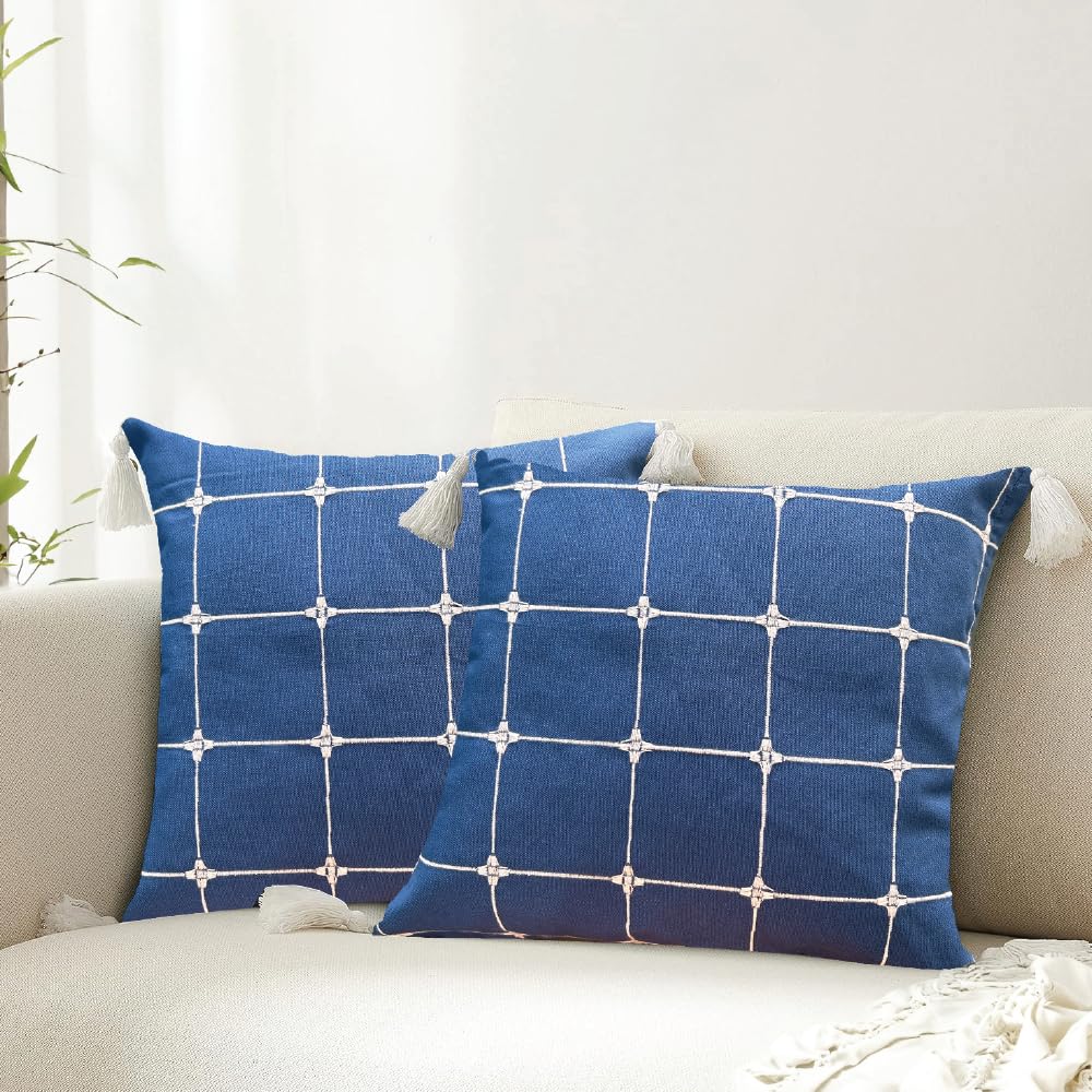 Embroidered Cotton Cushion Cover Set – Home Decor Textiles – Intricate Aura Checks Design – 16x16 inch, Set of 2
