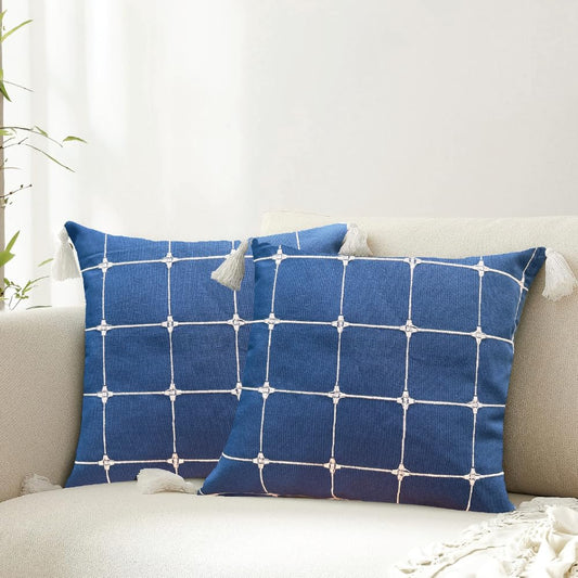 Embroidered Cotton Cushion Cover Set – Home Decor Textiles – Intricate Aura Checks Design – 16x16 inch, Set of 2