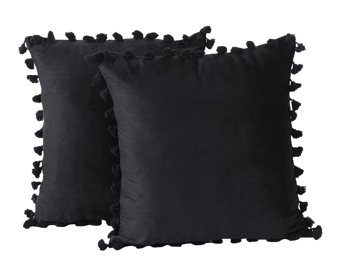 Umi Black Velvet Tassel Fringe Throw Pillow Covers 12x12 Inch (2 Pc) | Decorative Cushion for Sofa, Home Décor
