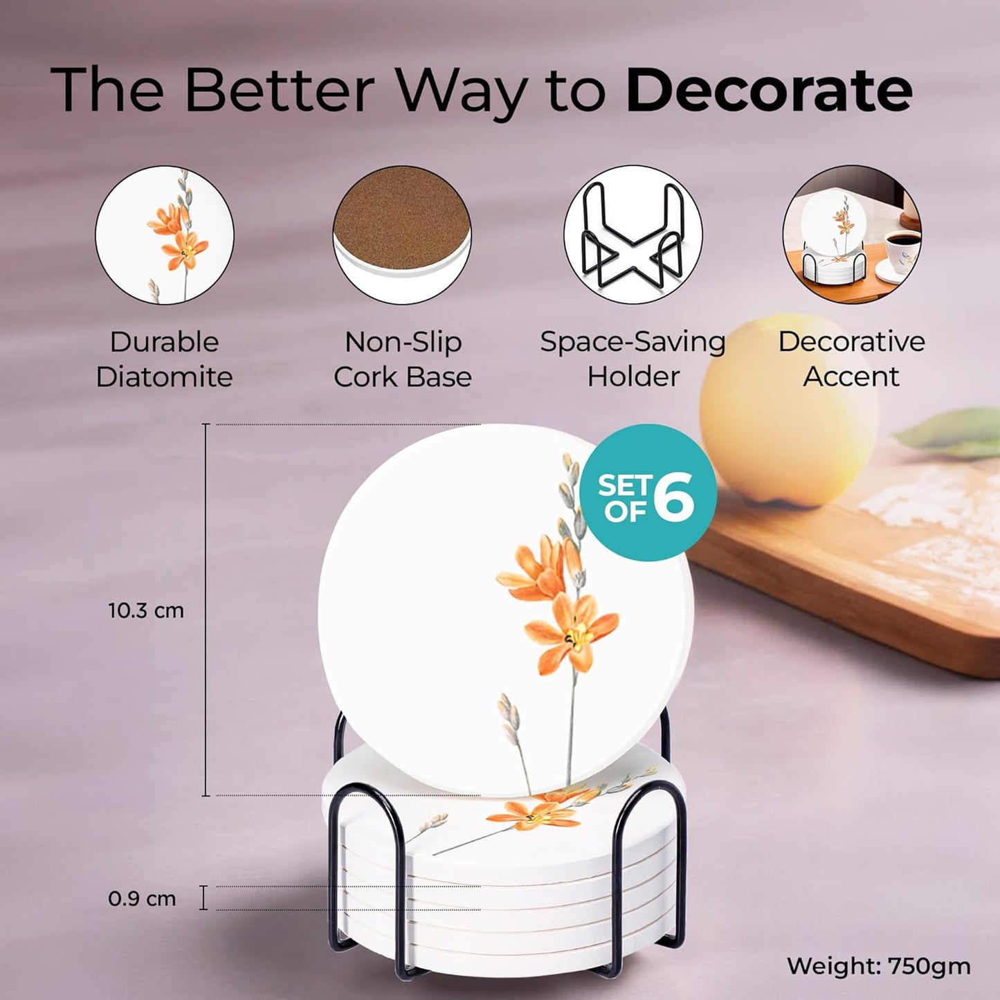 Floral White Water-Resistant Coaster Set 6-Pack (10cm Dia) | Dining Table Accessories, Home Decor, Gifts for Women