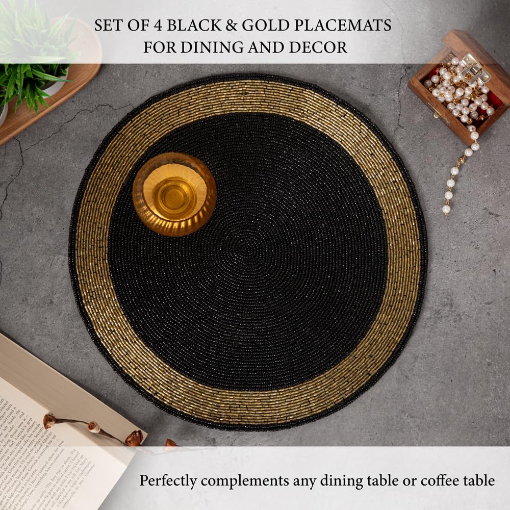Elegant Black & Gold Beaded Placemats Set of 4 - 14" Round Glass Bead Table Mats | Dining Table Decor & Gift