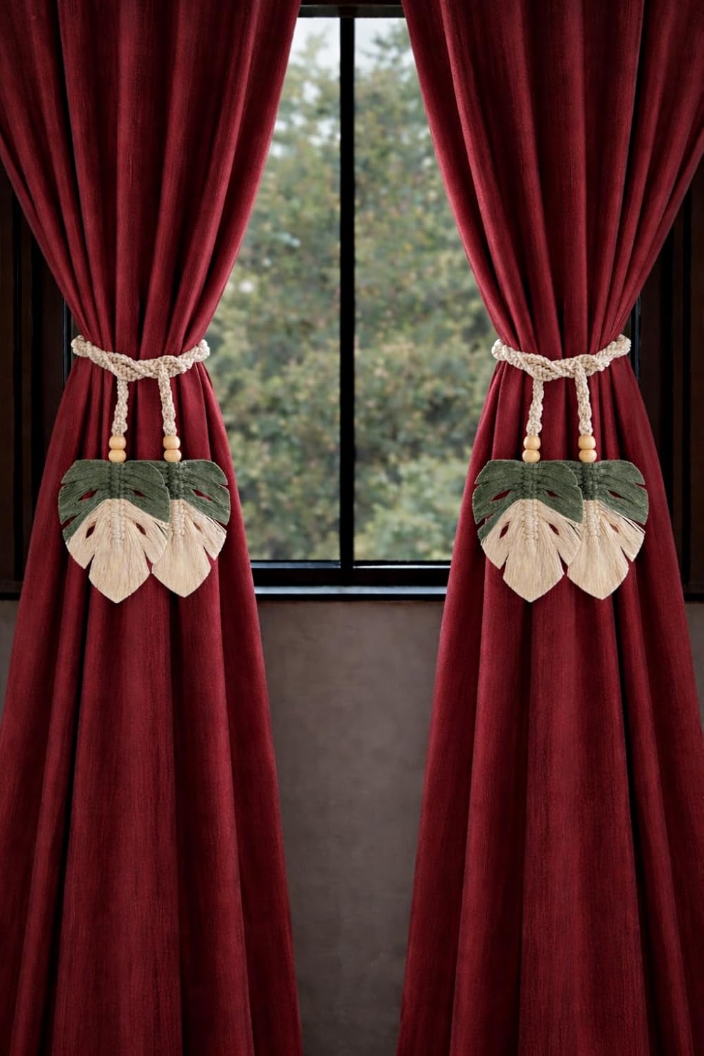 Decorative Curtain Holdbacks – Macramé Tie-Back Set – Cotton Rope Leaf Design – 2-Pack (4x45")