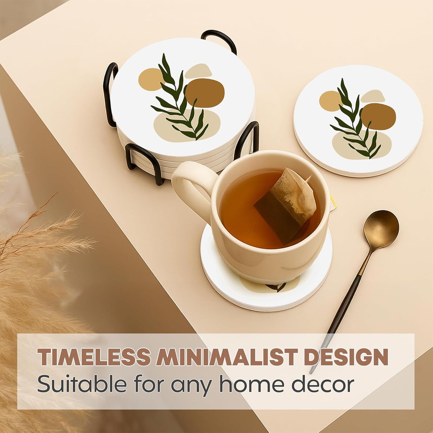 Marble Ceramic Coasters Matt Finish & Cork Base | Set of 6 with Metal Holder for Drinks, Coffee, Tea, Housewarming Gifts