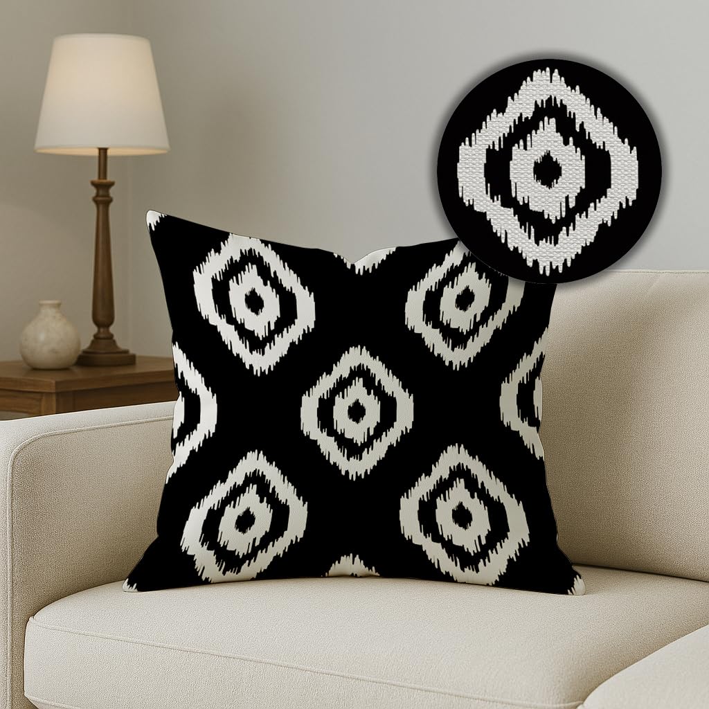 Elegant Black & White Ikat Geometric Polycotton Cushion Covers Set of 5 (16x16") | Sofa Pillow Covers, Decorative Throw Pillow Cases