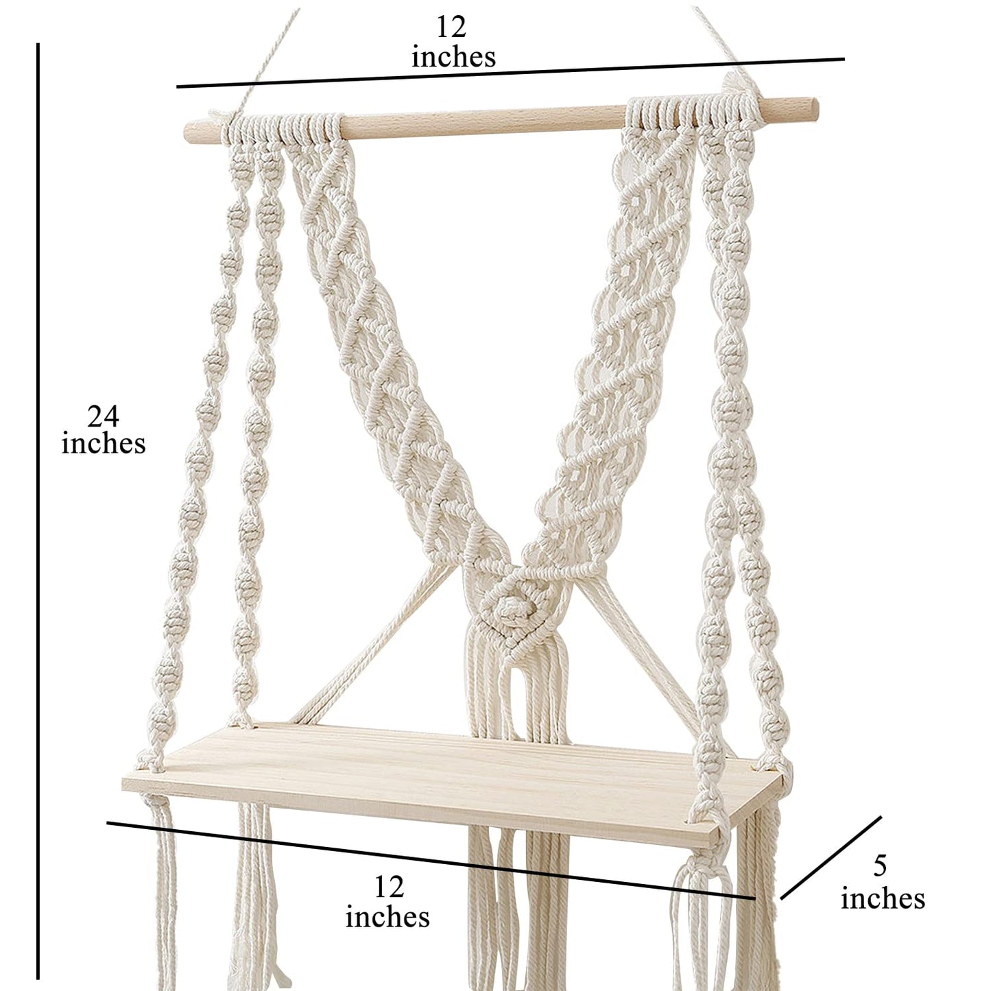 Artisan Macrame Shelf – Wall-Mounted – Eco-Friendly Cotton & Wood – 12x5 Inch Plank