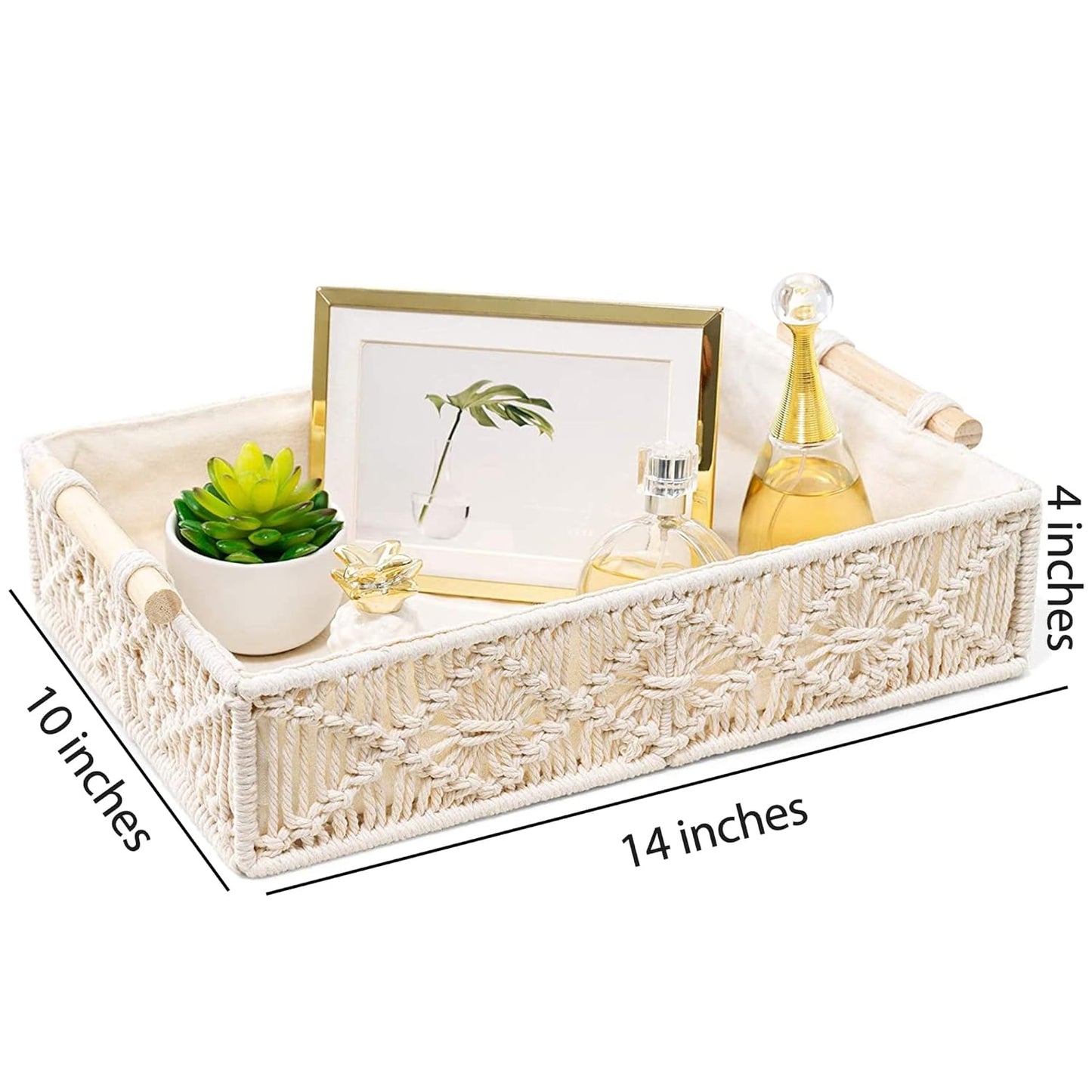 Decorative Macrame Storage Basket – Handcrafted Cotton Rope Weave with Wood Handles
