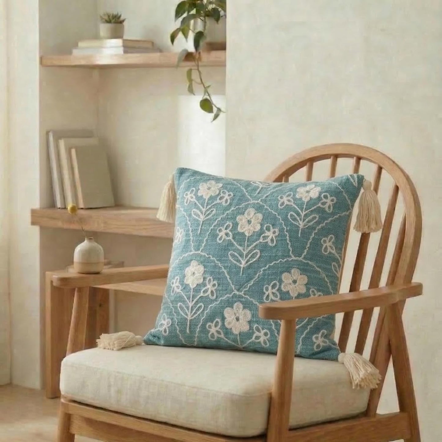 Boho Embroidered Cushion Cover – Decorative Pillow Case – Slub Cotton, Tasseled – 16x16 Inch (40x40 cm)